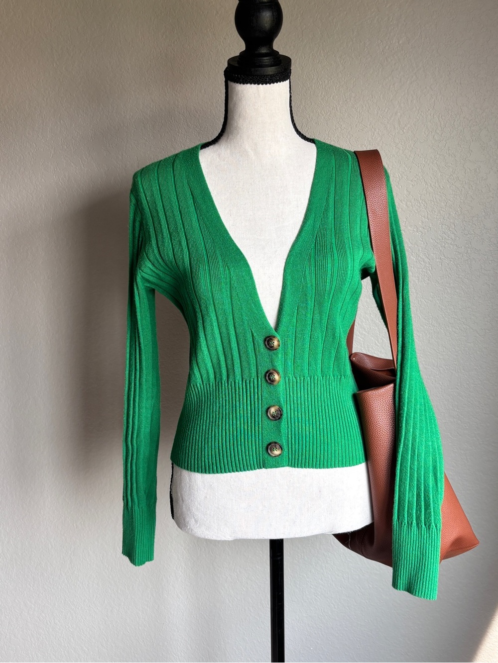 Pink Rose Green Ribbed V‑Neck Buttoned Cardigan ladies M